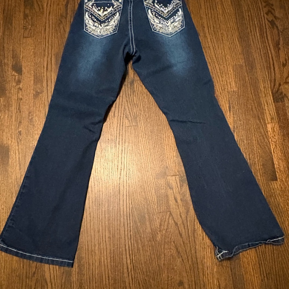 rebels Dark Blue Flare Jeans with Contrast Stitching - Picture 4 of 6